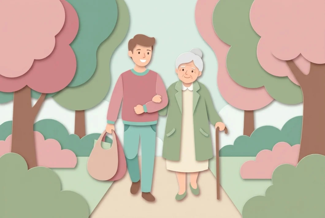 Illustration: Ein Angehöriger geht Arm in Arm mit einer älteren Dame durch den Park